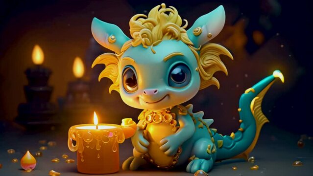 Cute baby dragon with candle, loop video 4k animation.