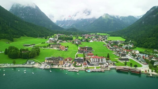 Drone Austria. Lake Achen Achensee in Austrian Alps. popular tourist sightseeing destination in Tyrol region. 