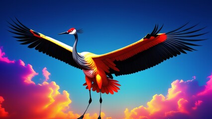 Vibrant Illustration of a Graceful Crane in Mid-Flight Against a Picturesque Sunset Sky