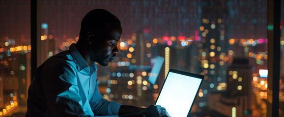 Obraz premium Man Working on Laptop Against Night Cityscape. Serious man in a shirt working late on his laptop with the glowing lights of the city skyline in the background.