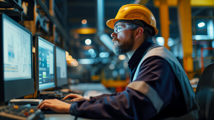 Engineer Analyzing Data on Factory Control Room Monitors. Focused engineer with a hard hat and safety glasses examines complex data on computer monitors in an industrial factory control room.
