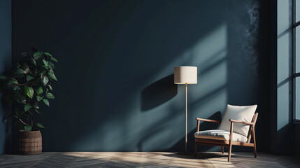 Chair with lamp in living room interior, dark blue wall mock up background. Generative Ai