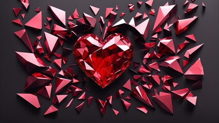 Red heart shattered into pieces. Glass texture. Broken heart. Generative AI
