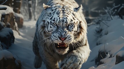 A white tiger running through a snowy forest