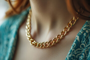The golden embrace of a chain necklace on a woman's neck