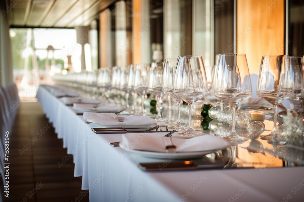 Poster a row of wine glasses sitting on top of a table next to a row of plates and glasses on top of a tabl