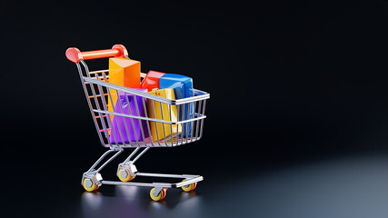 small toy shopping cart full of small purchase, isolated on black background, space for text