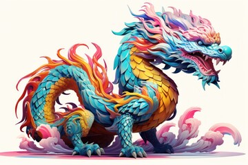  a blue and yellow dragon statue sitting on top of a pink and yellow flower covered ground with a white background.