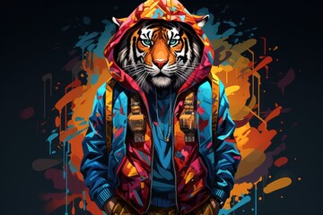  a painting of a tiger wearing a hoodie with a hoodie on it's head and a hoodie on it's chest.