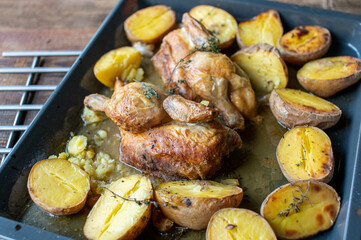 Baked half chicken on a baking tray with potatoes and herbs