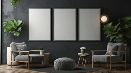 Frame mockup in modern dark home interior background. Generative Ai
