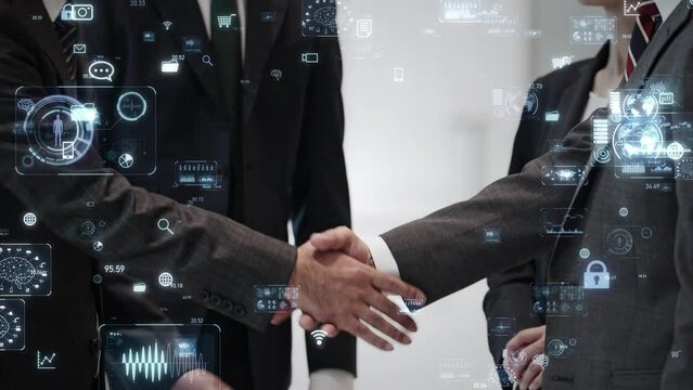 握手するビジネスパーソンのグループとデジタルテクノロジー