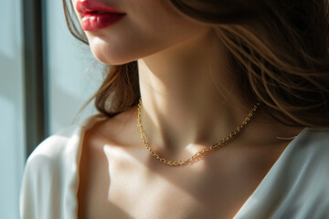 Radiant beauty emanates from a woman's neckline adorned with a radiant gold chain necklace