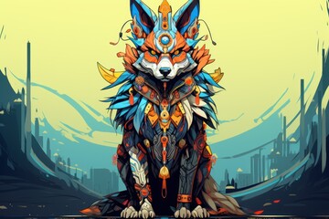  a drawing of a fox with feathers on it's head, sitting in front of a cityscape.