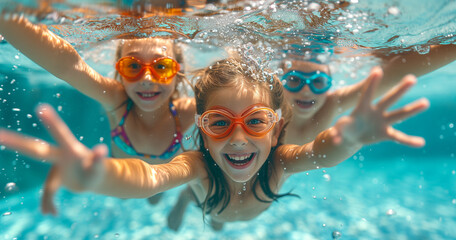 children playing under the pool with goggles summer concept