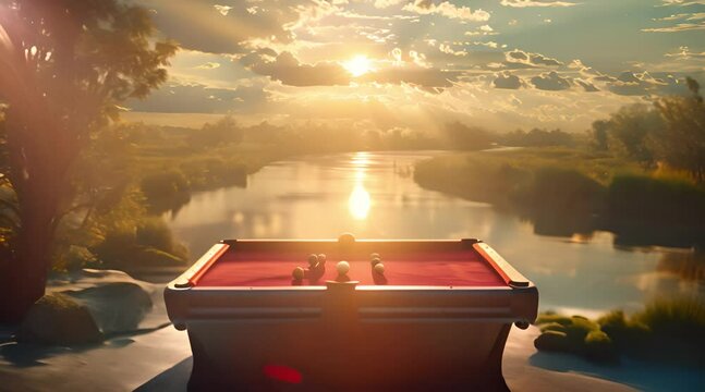 Billiards table with a beautiful view of calm nature displays a concentrated game of billiards