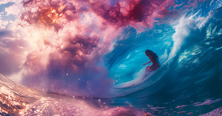 a young woman is surfing under the ocean's surface with a surfboard summer concept - obrazy, fototapety, plakaty