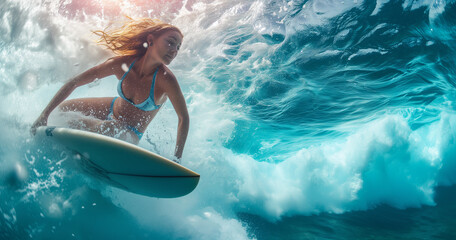 a young woman is surfing under the ocean's surface with a surfboard summer concept - obrazy, fototapety, plakaty