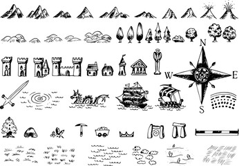 Fantasy map symbols for adventure cartography - hand drawn vector map elements - obrazy, fototapety, plakaty