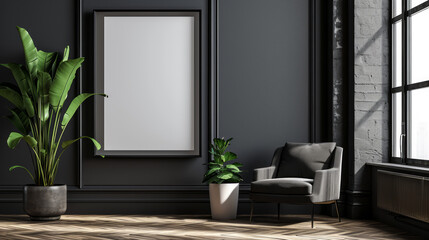 Frame mockup in modern dark home interior background. Generative Ai