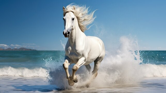 white horse running on the beach