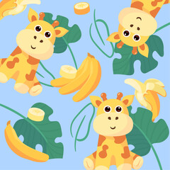 A pattern incorporating different configurations of bananas, a slice of banana, a whole banana, a peeled banana, and  giraffes.