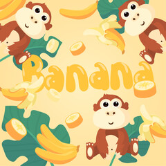 A pattern incorporating different configurations of bananas, a slice of banana, a whole banana, a peeled banana, and  monkeys.