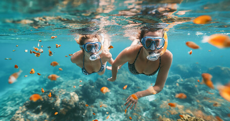 young woman snorkling with colorful fish in ocean waters summer concept - obrazy, fototapety, plakaty