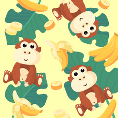 A pattern incorporating different configurations of bananas, a slice of banana, a whole banana, a peeled banana, and  monkeys.