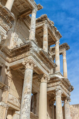 Library of Celsus in ancient Ephesus. Close up fragment of marble facade. Corinthian order....
