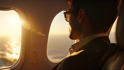 Amid the luxury and exclusivity of a private jet, a talented actor prepares for their next performance with a sense of calm and tranquility, the endless sea visible through the window serving