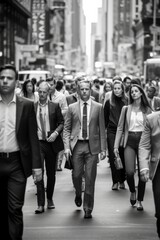 Stylish crowd walking through a business district street, Generative AI