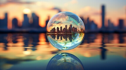 A floating soap bubble against a city skyline, capturing urban reflections