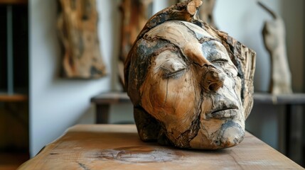 A tree sculpture, expressive facial features. 