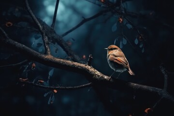  a small bird perched on a branch in a tree at night with a full moon in the sky in the background.