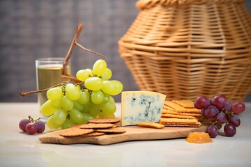 rye crackers in a basket, cheese slices, and grape cluster