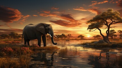 Fototapeta na wymiar An elephant playing at a river's edge
