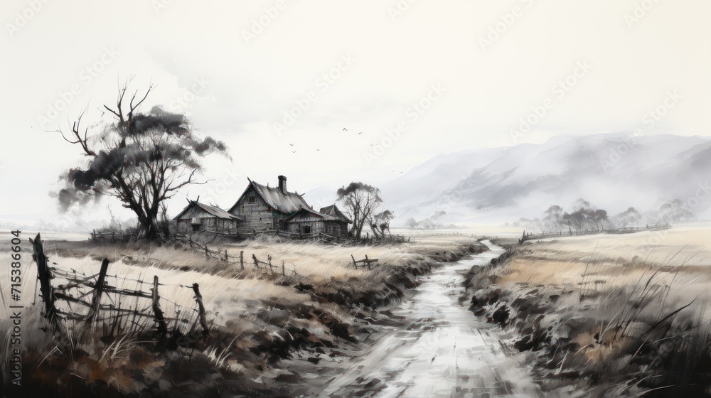 Poster a painting of a rural scene with a stream running through the middle of the field and a house in the