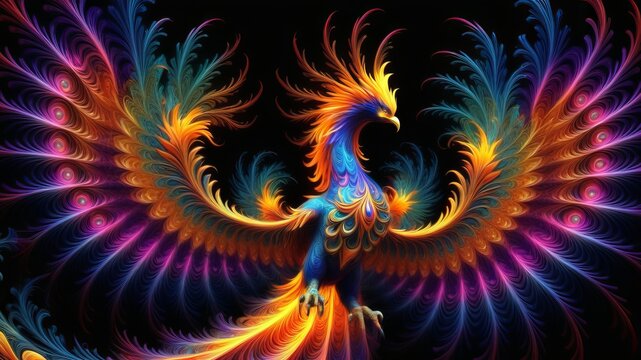 Vibrant Multicolored Phoenix Illustration with Majestic Spread Wings on a Black Background