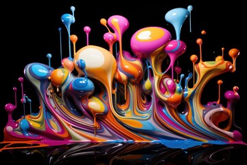  a group of multicolored liquid flowing down the side of a black surface with a reflection on the floor.