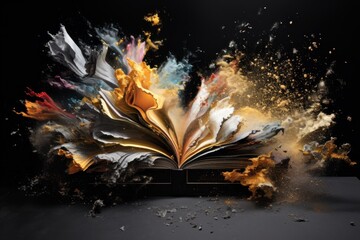  an open book with a bookmark flying out of it's pages, with a lot of colored smoke coming out of it.