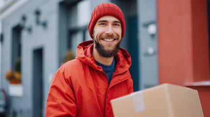 Smiling male delivery man in a red uniform and warm knitted hat holds a cardboard box in his hands, delivering it to the buyer's home