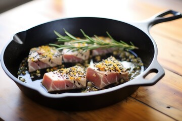 tuna steak in cast iron skillet with thyme and garlic cloves