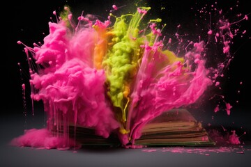  a book with pink, yellow and green ink on it and a book with a bookmark sticking out of it.