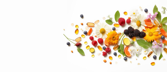 multivitamin supplements vitamin complex on white background - obrazy, fototapety, plakaty