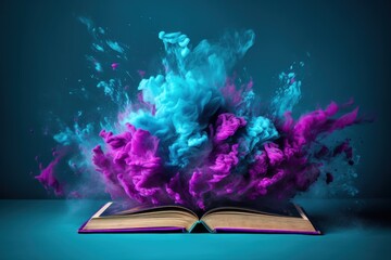  an open book with colored smoke coming out of it on a blue and green background with a blue and purple background. - obrazy, fototapety, plakaty