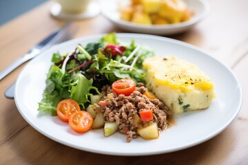 shepherds pie with a side salad and creamy dressing