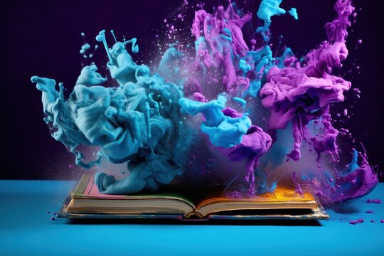  an open book with blue, purple and pink paint splashing out of it on top of a blue surface.