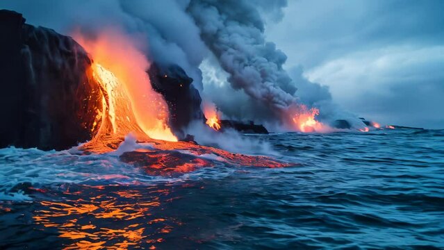 The moment lava flows into the sea, cooling and solidifying amidst smoke and steam.
