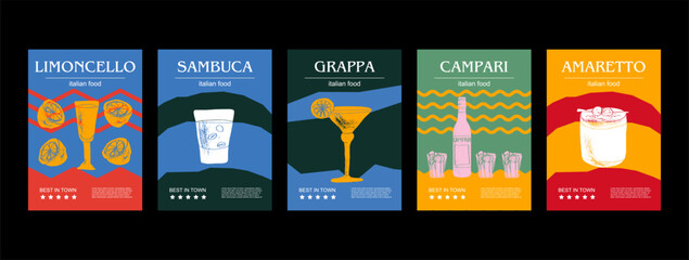 Italian drink set vector illustration. Engraved limoncello, sambuca, grappa, campari, amaretto bundle of traditional dishes, homemade 